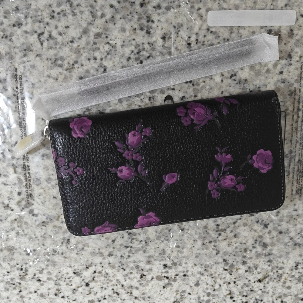 Coach Long Zip Around Wallet With Floral Print, black and purple - Picture 4 of 10